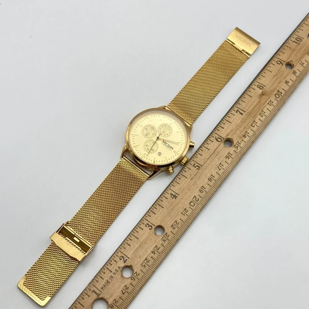 Megir Men's Chronograph Watch 43mm Gold Tone Date Mesh Band WR New Battery